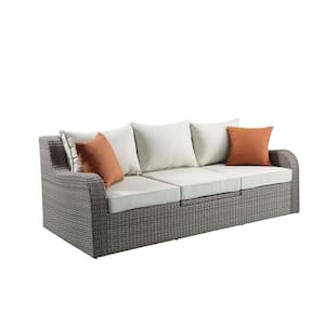 3-Piece Wicker Outdoor Sectional Sofa Set with Beige Cushions, Lift Table, 2 Ottomans and Orange Pillows