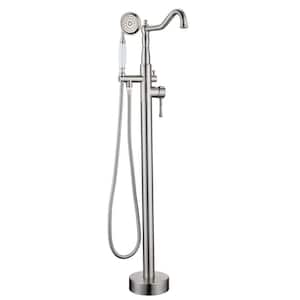 Retro Single-Handle Brass Freestanding Tub Faucet with Classic Hand Shower in Brushed Nickel