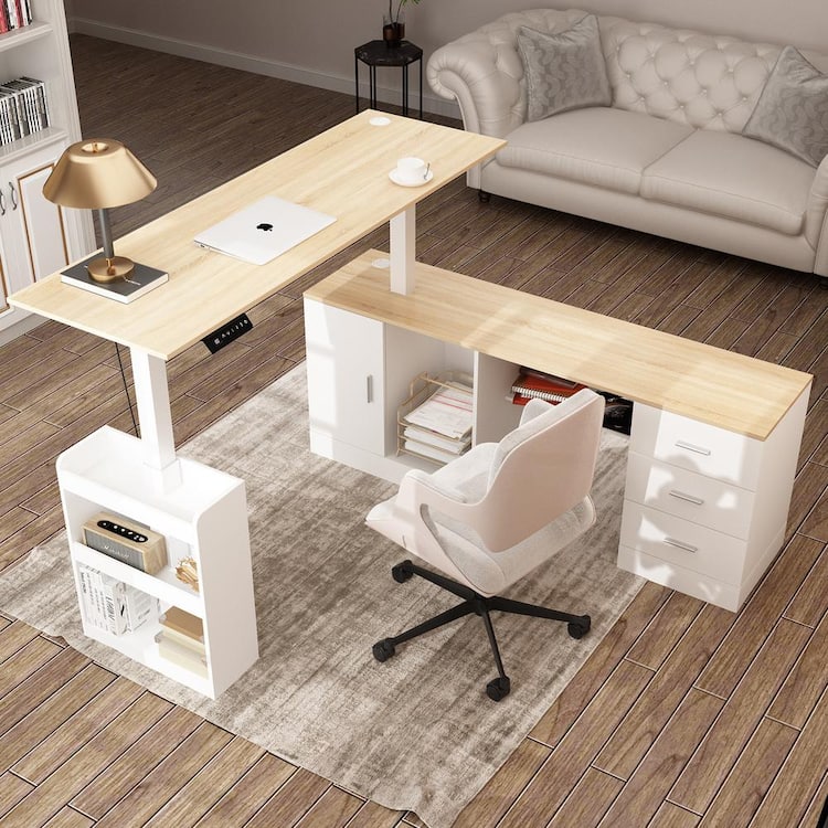 FUFU&GAGA 63 in. W L- Shaped White Wood Adjustable Height Computer Desk Ergonomic Writing Desk Memory Preset Controller