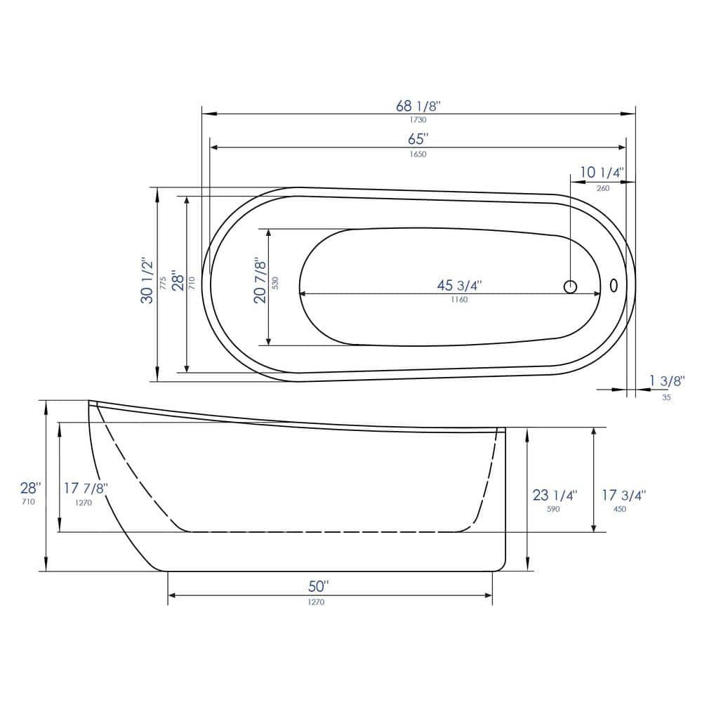 68'' White Freestanding Acrylic Soaking Bathtub