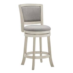 24.37" Antique White Finish Wood Frame Grey Upholstered Back Swivel Counter Height Stool