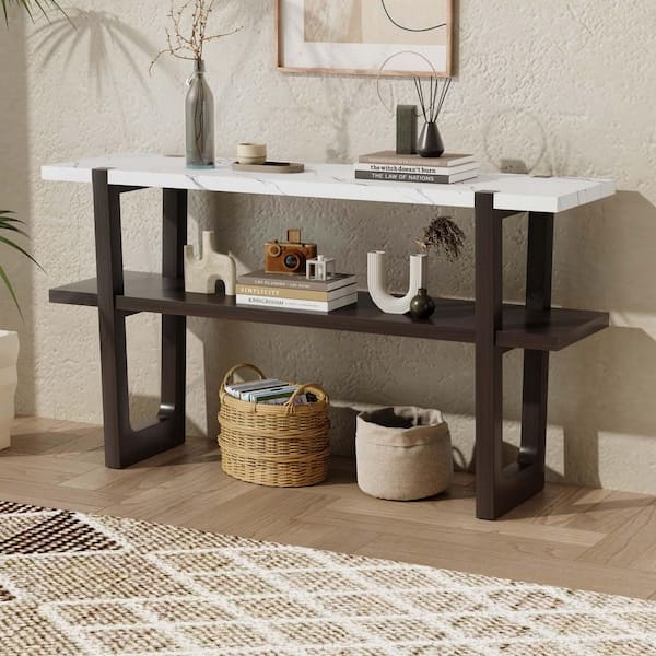 JUJABU 54 in. Espresso Rectangle Marble MDF Entryway Console Table with Marble-Effect Top and Open Shelf for Hallway