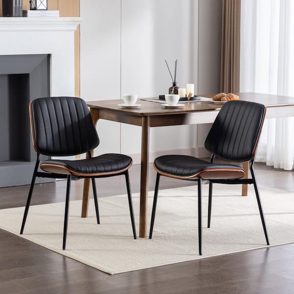 Noble House Nook Black Modern PU Leather Upholstered Dining Chairs, Metal Tapered Legs, Set of 2
