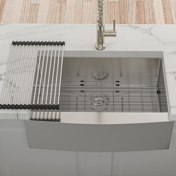 24 in. Farmhouse Single Bowl 16-Gauge Brushed Nickel Stainless Steel Kitchen Sink with Bottom Grids