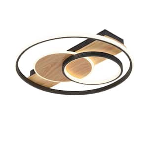 Yursa 19.7 in. W 2-Light Modern Round Matte Black Wood LED Flush Mount Ceiling Light for Dining Room Living Room