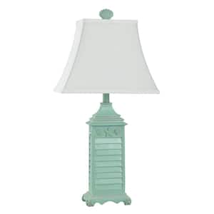 Longboat Key Shutter 28 in. Mint Green-Blue Table Lamp with White Softback Fabric Shade