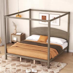 Brown Wood Frame King Size Canopy Bed with Headboard and Slat Support Legs