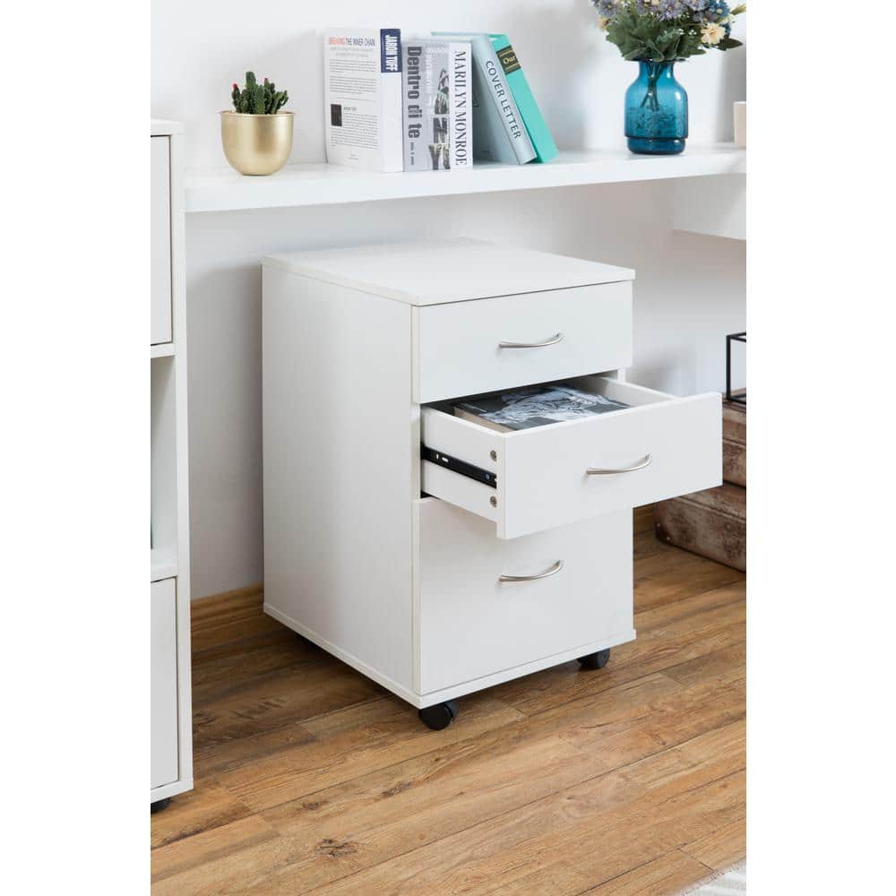 White 28" Mobile 3-Drawer Wooden File Cabinet with Casters