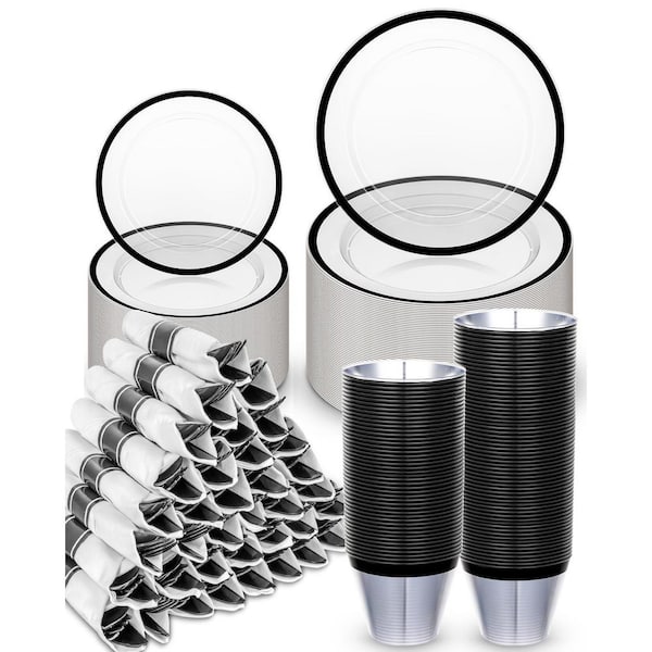 350 Piece Clear Black Plastic Plates for Party, Disposable Dinnerware Set for 50 Guests for Graduation Party Halloween