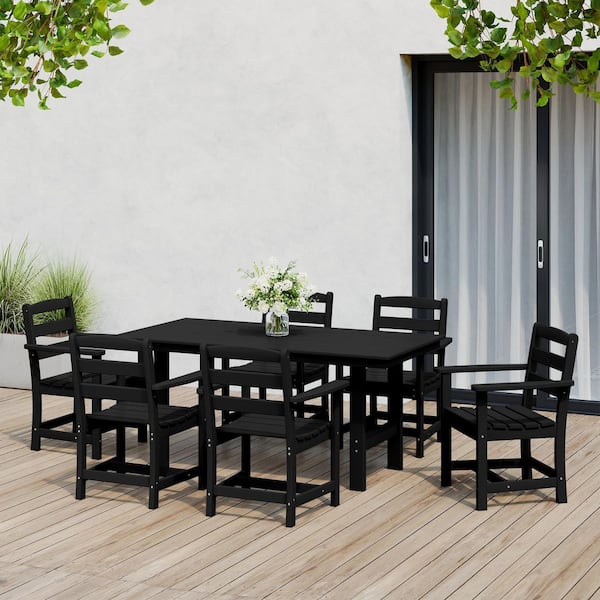 Shoreside 7-Piece All Weather HDPE Plastic Outdoor Patio Dining Set w/ Armchairs, Black