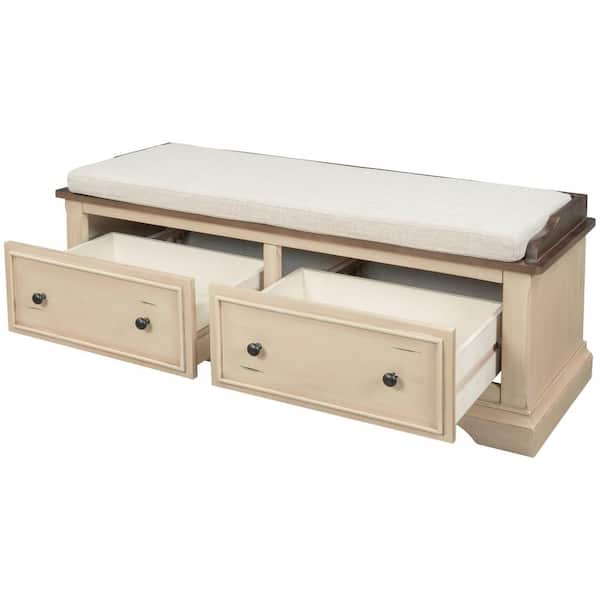 Beige Sepia Solid Wood Shoe Bench, Unfinished Storage Bench With Drawers