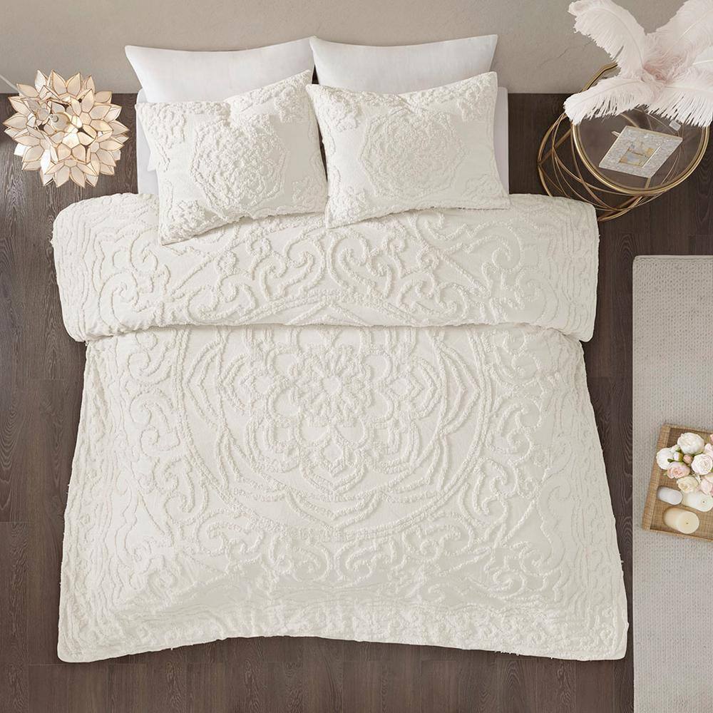 King Size White Cotton Chenille Comforter Set