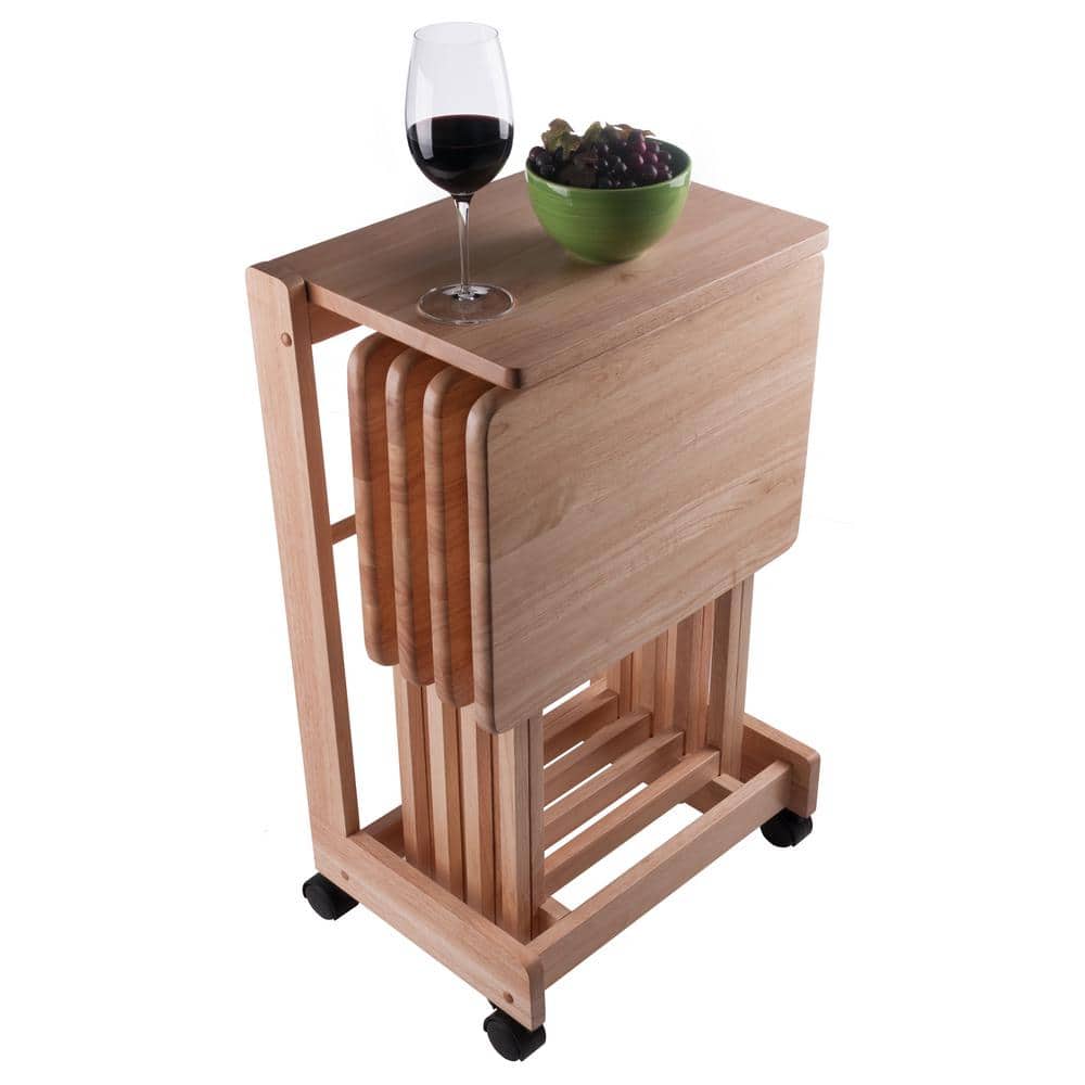 Natural Wood 5-Piece Snack Table Set with Serving Cart