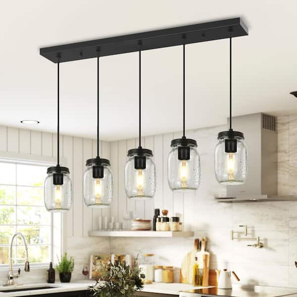 GoYeel 5-Light Matte Black Farmhouse Mason Jar Linear Hanging Kitchen Island Light