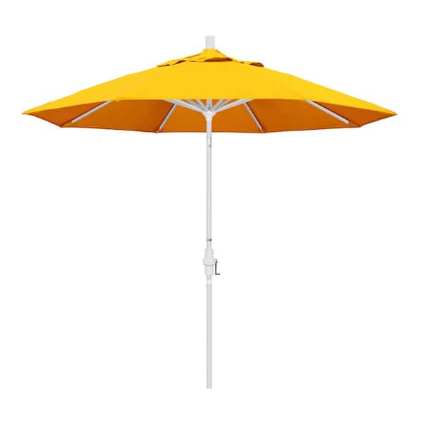 California Umbrella 9 ft. White Aluminum Pole Market Aluminum Ribs Collar Tilt Crank Lift Patio Umbrella in Sunflower Yellow Sunbrella