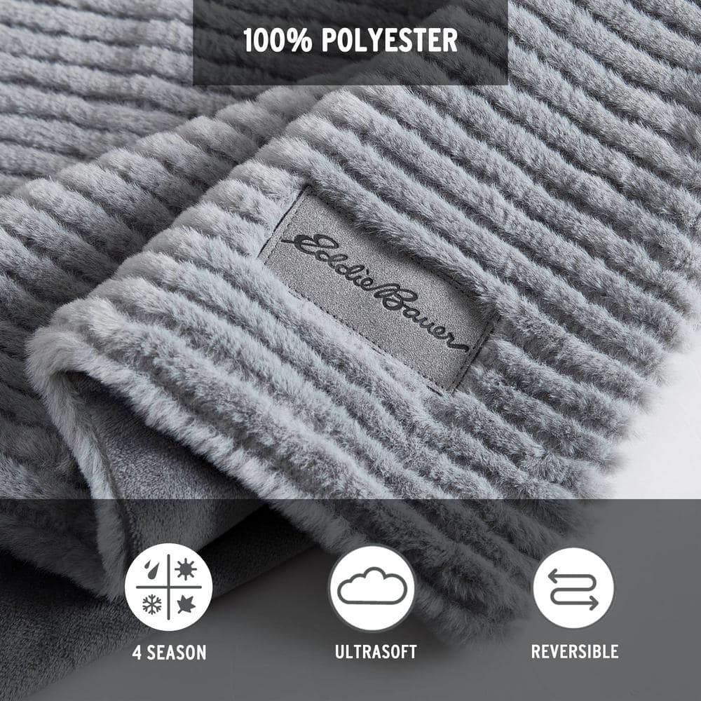 Gray Ribbed Reversible Fleece Sherpa Throw Blanket