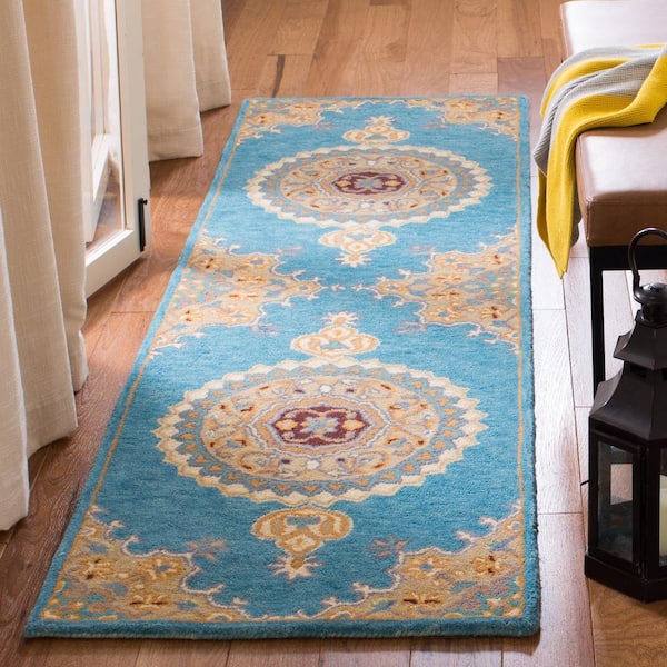 Heritage 2 ft. x 8 ft. Blue/Beige Border Medallion Runner Rug