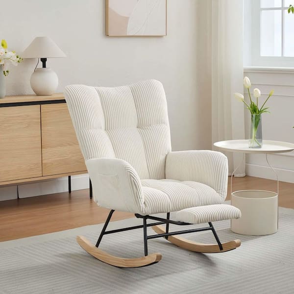 Unbranded Beige Stripe Velevt Modern Nursery Rocking Chair Upholstered Arm Chair Lounge Chair with High Backrest and Side Pocket