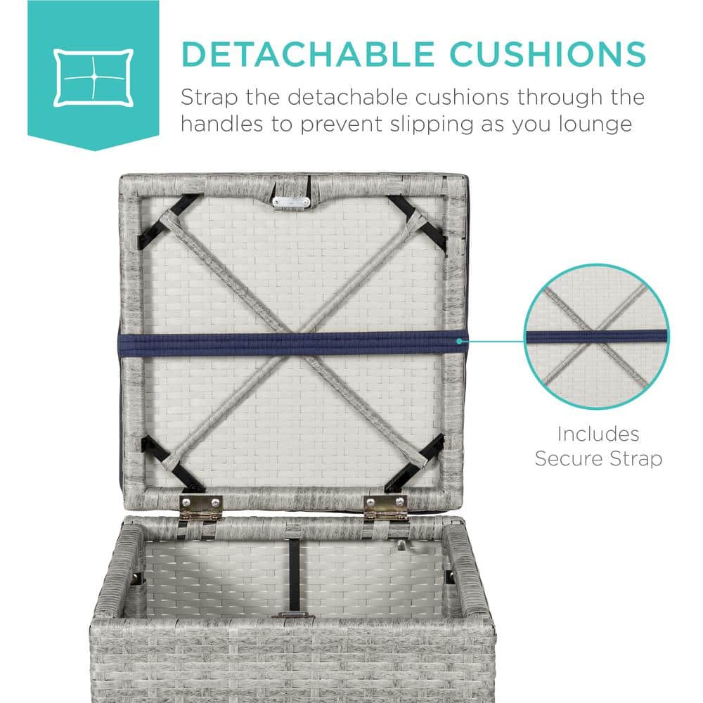 Gray and Navy Wicker Outdoor Ottomans with Cushions and Storage