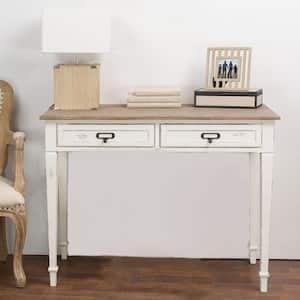 39.5 in. White/Light Brown Rectangular 2 -Drawer Writing Desk with Distressed Finish
