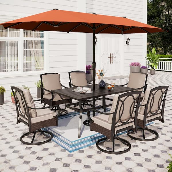 PHI VILLA 8-Piece Black Metal Outdoor Dining Set with Beige Cushions and Red Orange Umbrella