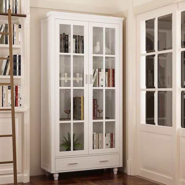 FUFU&GAGA White 70.9 in. H Wood Accent Storage Cabinet Lockers with Tempered Glass Doors,-Drawer