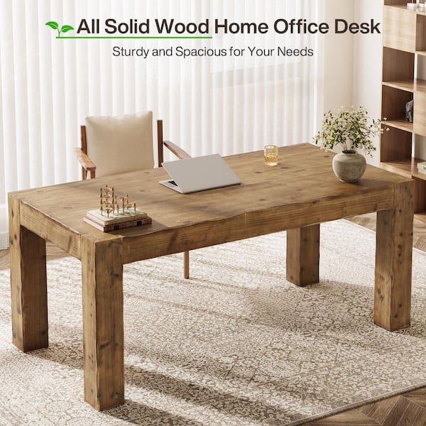 Halseey 63 in Extra Long Double Rectangular Brown Real Solid Wood Computer Desk Home Office Writing Study 2-Person Table