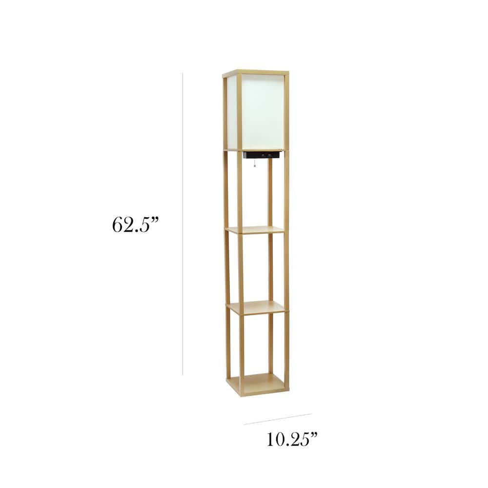 Tan Wood Floor Lamp with Shelves and Linen Shade