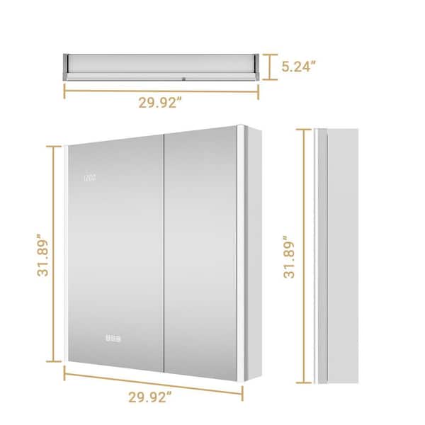 AuraPro 30 in. W x 32 in. H Rectangular Aluminum Surface/Recessed Wall Lighted Medicine Cabinet with Mirror (Side)