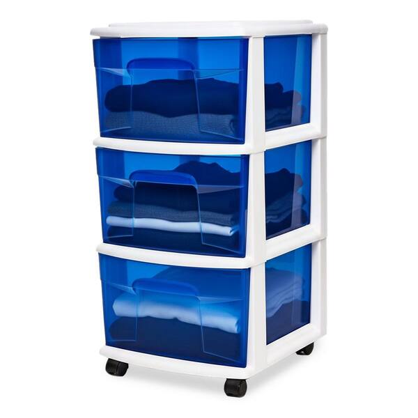 Plastic 3 Drawer Medium Storage Container Tower, Blue Drawers/White Frame