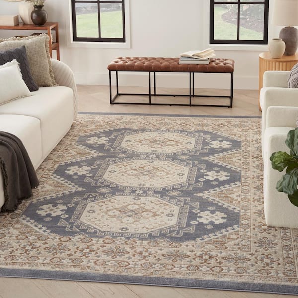 Serenity Home Ivory Blue 8 ft. x 10 ft. Center medallion Traditional Area Rug