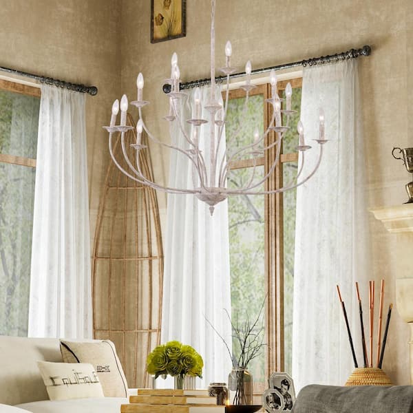 18-Light 43 in. White Iron Vintage Candle Dimmable Chandeliers Dining Kitchen Ceiling Lights Foyer Bedroom Lighting