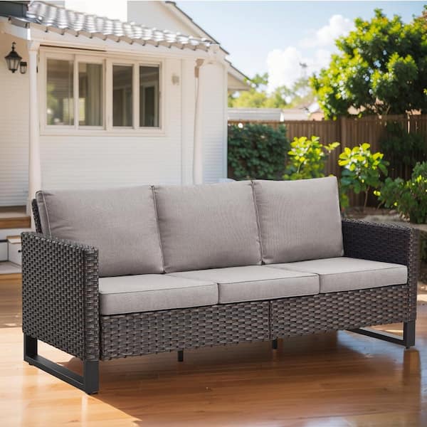 Gymojoy Valenta Brown Wicker Outdoor Couch with Gray Cushions