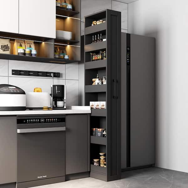 Black Wood 7 Tier Multi-Functional Pantry Organizer, Pull-Out Organizers, Single-Sided Open Shelf