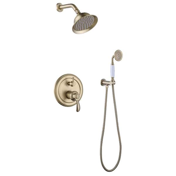 Tomfaucet 2-Spray 6 in. Wall Mount Fixed and Handheld Shower Head 1.8 GPM Shower System in Brushed Gold