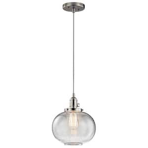 Avery 9.75 in. 1-Light Brushed Nickel Farmhouse Shaded Kitchen Globe Mini Pendant Hanging Light with Clear Seeded Glass