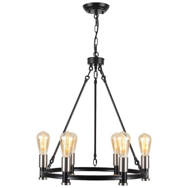 ADSENSTY 6-Light Black/Nickel Round Farmhouse Wagon Wheel Chandelier for Dining Room Kitchen Island Foyer with no Bulbs Included