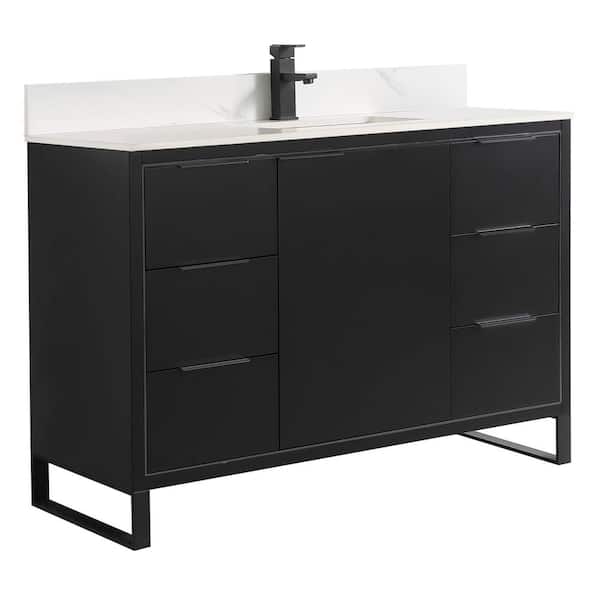 FINE FIXTURES Opulence 48 in. W x 18 in. D x 33.5 in. H Single Sink Bath Vanity in Black Matte with White Carrara Top