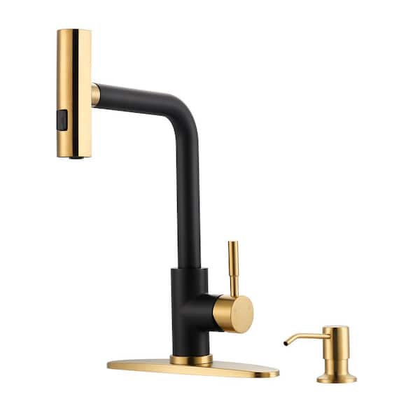 3 Modes Single Handle Waterfall Pull Down Sprayer Kitchen Faucet with Soap Dispenser in Black and Gold
