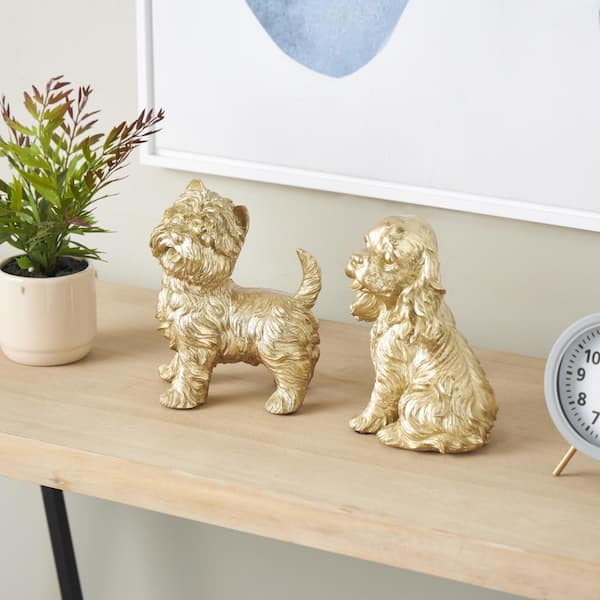 Mavern Gold 5 in. x 9 in. Polystone Sitting and Standing Dog Sculpture (Set of 2)