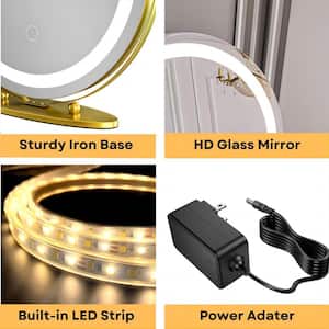 19 in. Round 3-Color-LED Touch Screen, Makeup Dimmable Lighted Mirror for Table in Gold Frame