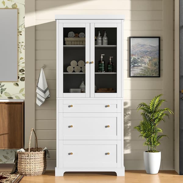70.1 in. H White Bathroom Pantry Organizer Storage Cabinet with 2 Adjustable Shelves, 3 Drawers