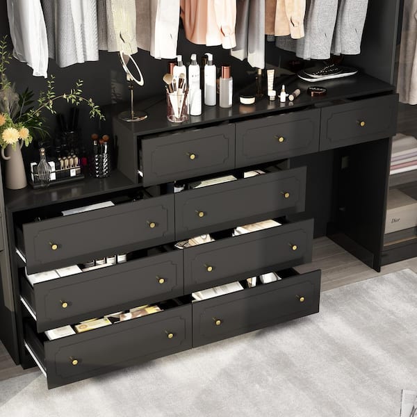 9-Drawer 47.2 in. W Retractable Dresser Makeup Vanity Desk Bedroom Storage Organizer in Black with Rotatable Table