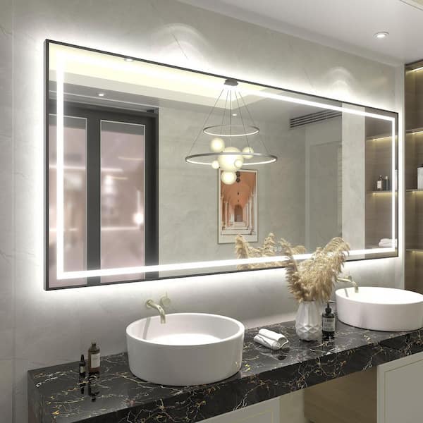 Apmir 88 in. W x 38 in. H Rectangular Framed Front & Back LED Lighted Anti-Fog Wall Bathroom Vanity Mirror in Tempered Glass