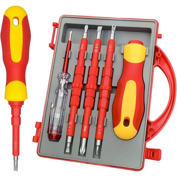 Insulated Screwdriver Set 7.28 in. Shank 6 Bit Red Insulated Electrician Tool Kit Non-Slip Handle 5-Piece