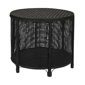 24.02 in. Black Finish Round Bamboo and Wicker Accent Coffee Table with Storage