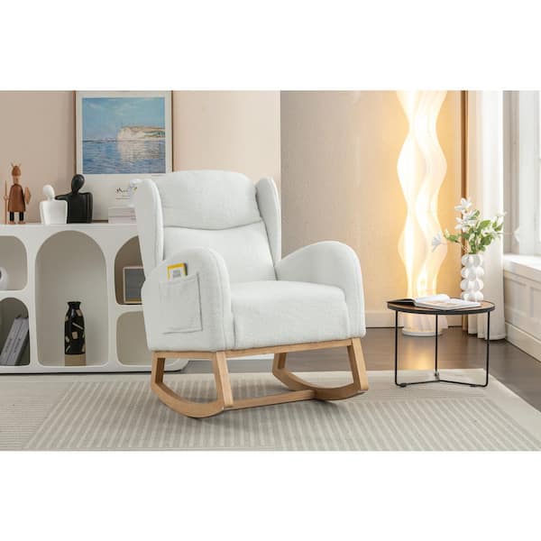 38 in. Ivory Teddy Fabric Rocking Chair with Wood Legs, Modern Tufted Back for Living Room and Bedroom