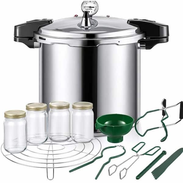 24qt Silver Aluminum Pressure Cooker Kit with Steam Rack Gauge for Canning, Enhanced Safety, Versatile Use