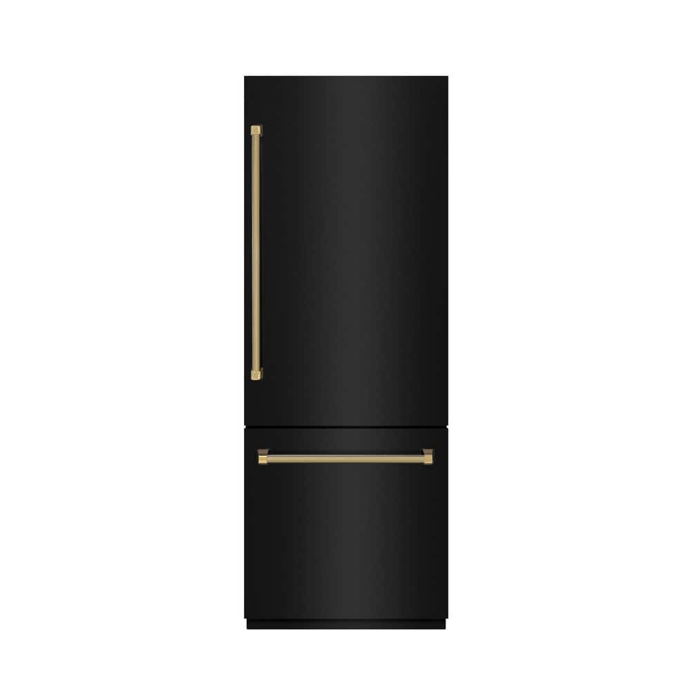 ZLINE Kitchen and Bath Autograph 30 in. Black Steel Built-In Bottom Freezer 16.1 cu ft Refrigerator with Gray Interior and Gold Helix Handles