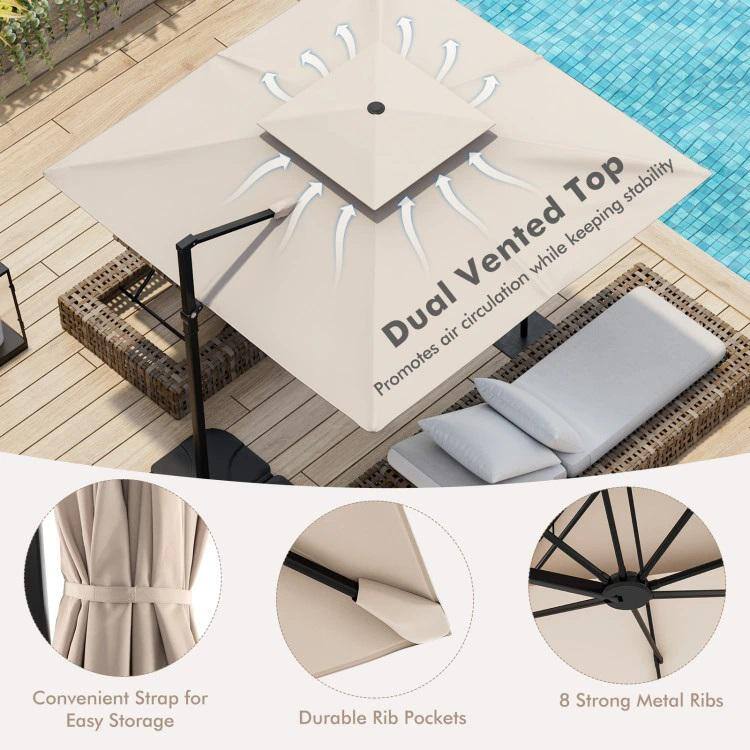 Beige 9.5FT Cantilever Patio Umbrella with 360° Rotation and Double Vented Top